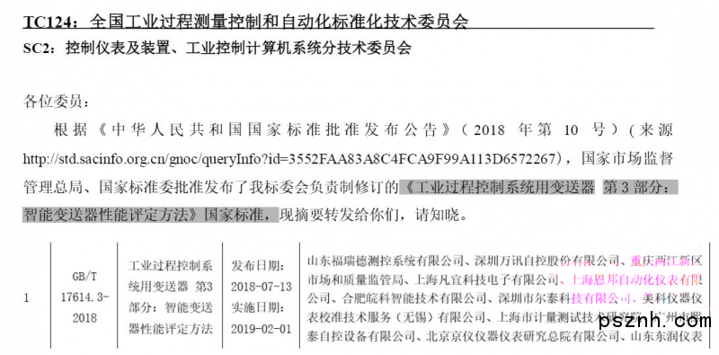 熱烈祝賀上海安邦成為《智能變送器性能評價方法》國家標準起草單位